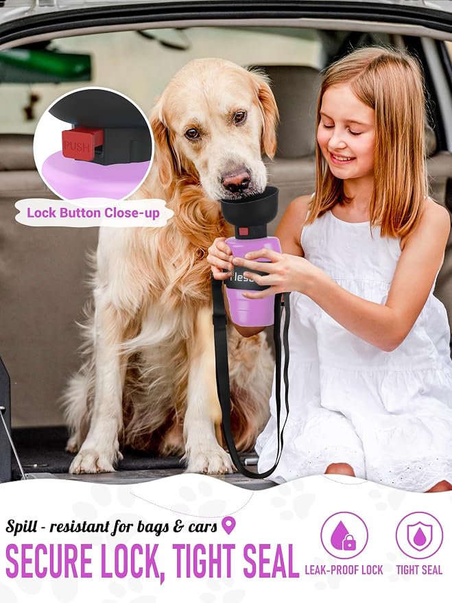 lesotc Dog Water Bottle Portable, 28oz Portable Dog Water Bottle with Bowl, Leak Proof Travel Bowl Dispenser for Dogs, One-Hand Squeeze Puppy Essentials for Walking, Hiking, Camping