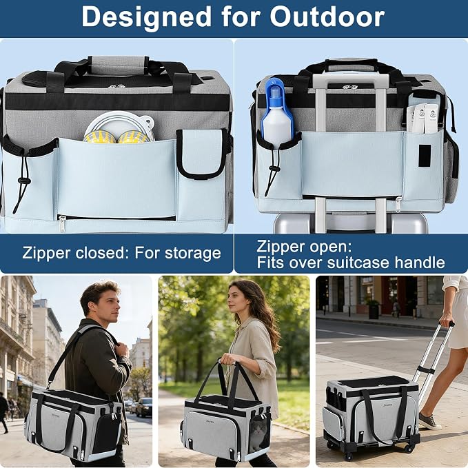 Pet Carrier with Wheels for Cats & Small Dogs, Airline Approved Cat Carrier, Expandable Soft Sided Pet Travel Carrier with Removable Trolley, Mesh Ventilation, Includes Water Bottle & Collapsible Bowl