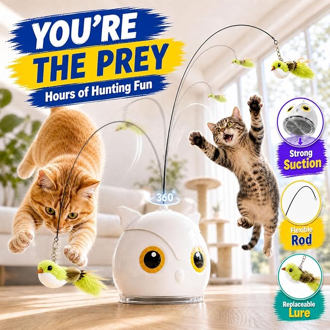 Interactive Cat Toys for Indoor Cats - Automatic Flying Bird Feather Toy with Sticky Suction Base, USB Rechargeable 360° Electric Cat Teaser, Touch Activated Self-Play Toy for Bored Cats