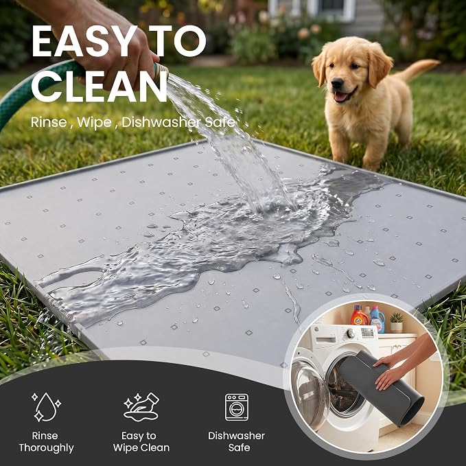 Silicone Pet Feeding Mat, 26x26 Inch Waterproof Dog Bowl Mat – Non-Slip, Machine Washable, Thin 0.28 Inch Edge for Messy Eaters, Protects Hardwood & Tile Floors, Dark Grey