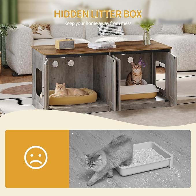 Hzuaneri Cat Litter Box Enclosure for 2 Cats, Hidden Litter Box Furniture Cabinet with Double Room, Indoor Cat House, Farmhouse Style, 46.7 x 18.9 x 21.1 Inches, Greige CB85305X