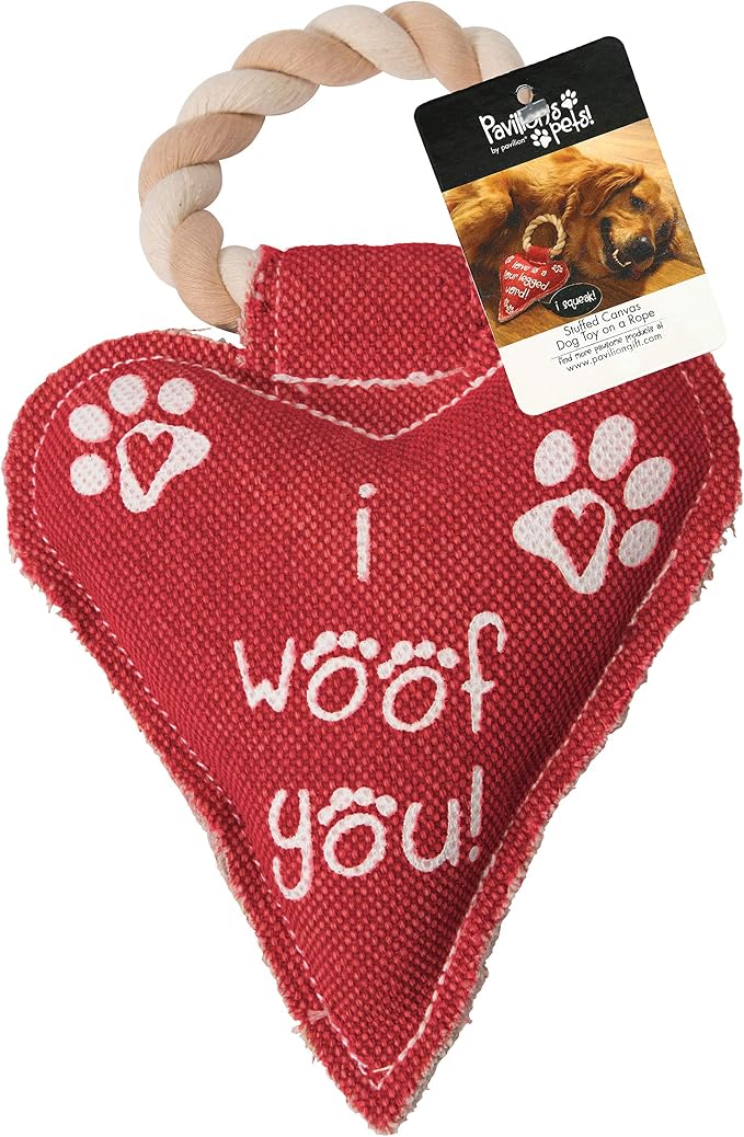 Pavilion Gift Company 45610 Pavilion's Pets-Red Heart Shaped Canvas and Rope Dog Squeaky Toy-I Woof You, Dogs, Medium- Large Breeds