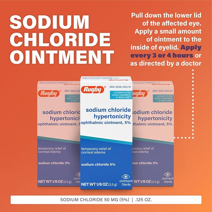 Rugby Sodium Chloride Hypertonicity Ophthalmic Ointment 5% - 50 mg Sodium Chloride Eye Ointment for Temporary Corneal Edema Relief - Made With Lanolin and Mineral Oil - Alcohol-Free - 0.125 Oz(3 Pack)