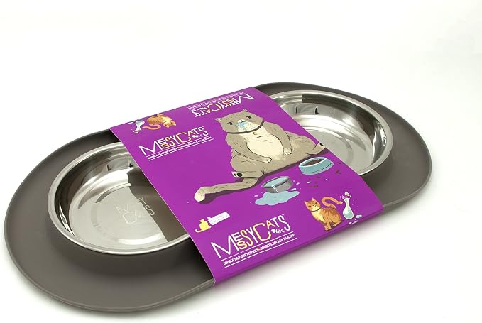 Messy Cats Double Silicone Feeder with Stainless Saucer Shaped Bowl | Anti-Slip Non-Skid Cat Food Bowls | Two Cat Bowls in Feeding/Water Station | 1.75 Cups per Bowl (Grey)