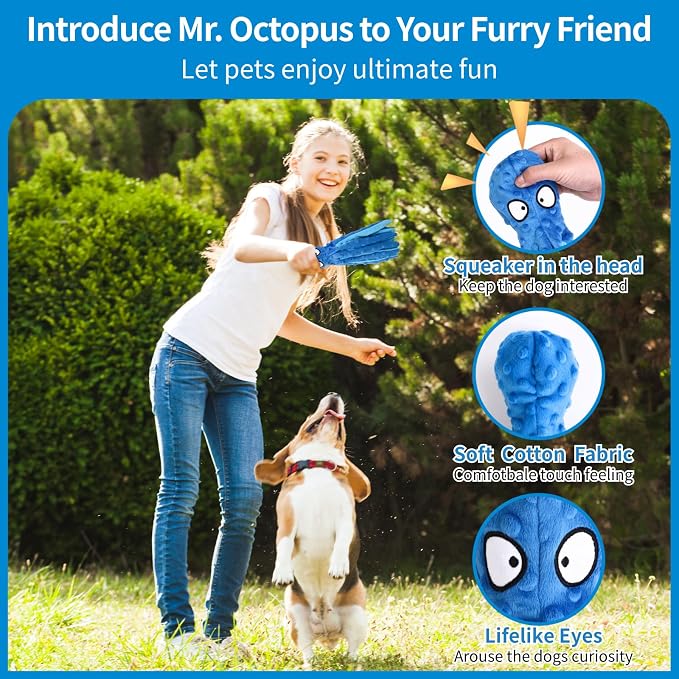 Plush Octopus Dog Toy with Squeaker, No Stuffing for Safety, Soft and Durable Dual-Layer Fabric, Suitable for Small to Large Dogs (Blue)