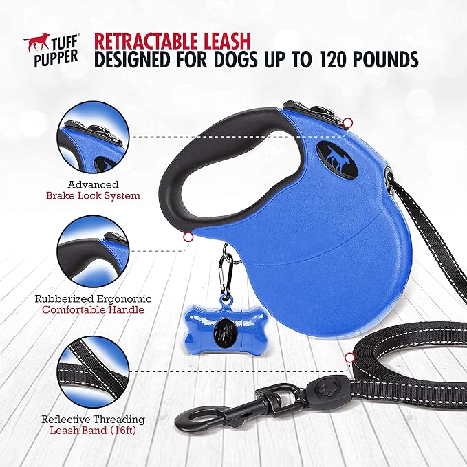 Tuff Pupper Retractable Dog Leash and 27oz Pupflask Portable Water Bottle - Blue