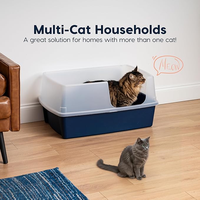 IRIS USA Extra Large Litter Box, Open Top Extra-Large Litter Box for Big Cats and Multi-Cat Households, High Sided Scatter Shield, Easy to Clean, 30" L x 20" W x 14" H, Navy