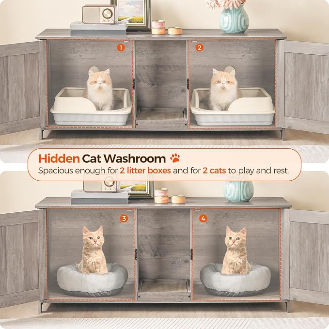 MAHANCRIS Cat Litter Box Enclosure for 2 Cats, 47.2" Hidden Cat Litter Box Furniture with Double Room, Wooden Washroom Cabinet with Scratching Board, Indoor House End Table, Greige CWHG1201