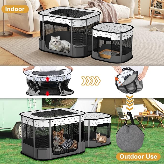 Portable Cat Playpen, 8-Rod Reinforced Kitten Dog Puppy Playpens, Foldable Play Pen for Indoor Cats Enclosed Pet Kitty Doggy Outdoor, Collapsible Tent Kennel Cage Corral