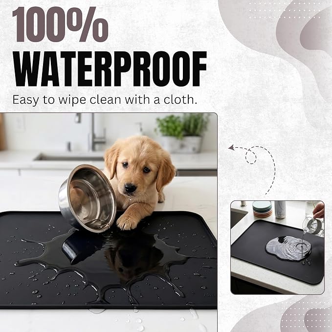 Silicone Pet Feeding Mat 2 Pack 19 x 12 Inch Waterproof Dog & Cat Food Mat with Raised Edge, Non Slip BPA Free Dog Bowl Mat for Food and Water Bowls, Spill Proof Floor Protector (Black)