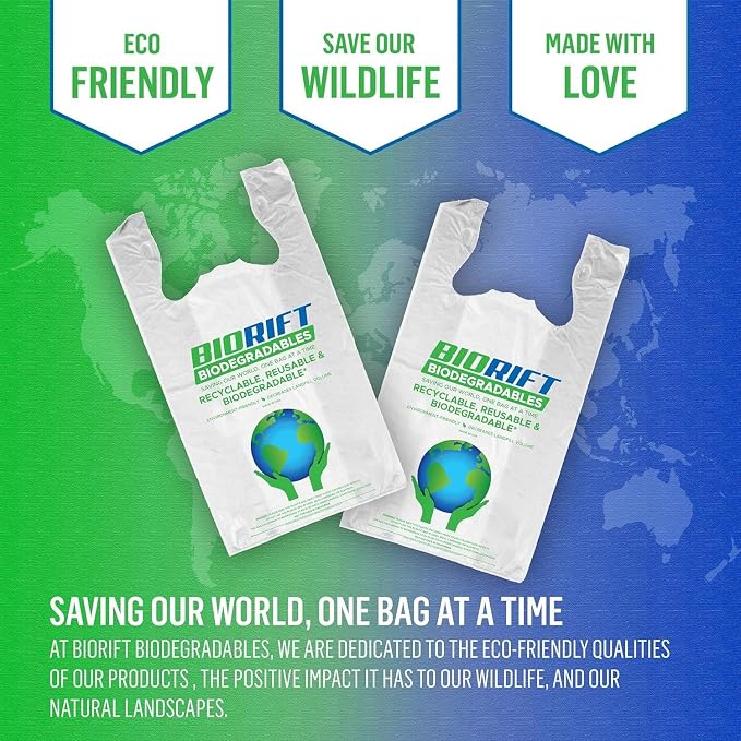 BioRift T Shirt Grocery Bags - 100% Biodegradable & Eco Friendly – Reusable Supermarket Small Trash Bags - Extra Strong Thank You Plastic Shopping Handles - Recyclable For Dog & Cat Poop (500 Count)