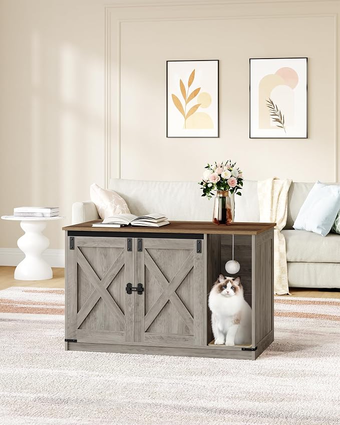 Hzuaneri Cat Litter Box Enclosure, Hidden Litter Box Cabinet Furniture with Bell, Indoor Cats House, Farmhouse Style, 39.4 x 21.7X 24.8 Inches, for Hallway, Bedroom, Greige CB85205X