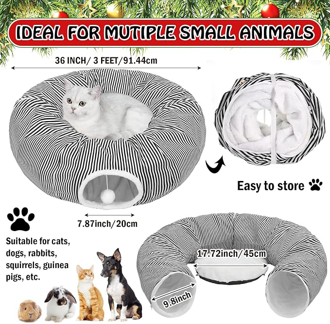 Soulchen Black and White Cat Tunnel Bed Under Christmas Tree 3ft x 3ft x 9.8in Detachable Donut Tunnel Sandworm 3-in-1 Indoor Cats Cave for Kitty Rabbit Ferret Puppy(Striped Black)