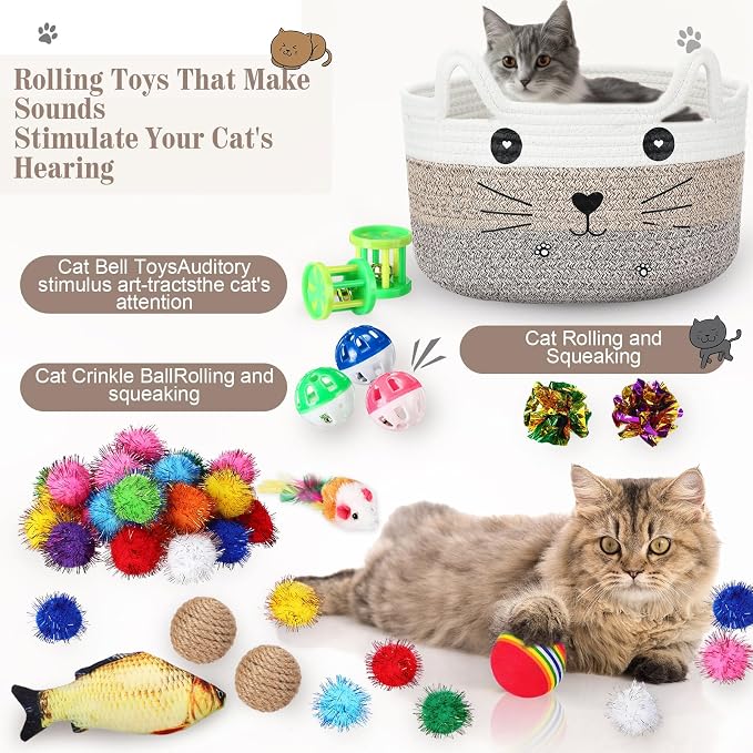 Zopeal 76 Pcs Graduation Cat Storage Basket Gift Toys Set Interactive Cat Toys Kitten Wand Colorful Flashing Balls Pet Crinkle Balls Attract Kitten to Swat, Hunt for Pet Indoor(Brown)