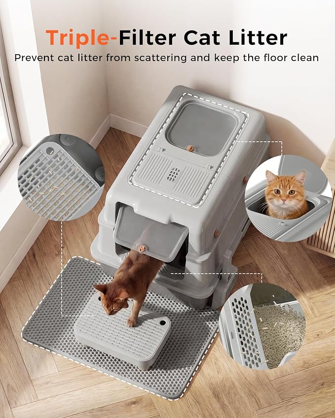 XXXL Stainless Steel Cat Litter Box with Lid, 27.5"×20.1"×17.3" Jumbo Enclosed Litterbox,Dual-Entry (Front Entry & Top Exit),High-Sided,Non-Stick,Odor Control,for Big Cats, with Mat,Scoop & Step,Grey