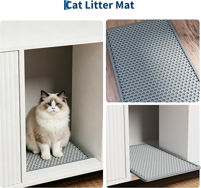 Garvee Cat Litter Box Enclosure for 2 Cats, 59" Hidden Litter Boxes Furniture with Cat Litter Mat, Large Indoor Pet House with Double Room, Wooden TV Stand Side Table, White