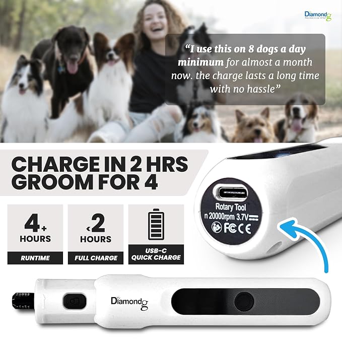 Diamondg Cordless Micro Dog Nail Grinder with Quiet Sound & LED Tip for Large & Small Dogs, 4hrs. Runtime - Electric Dog Nail Trimmer, Heavy Duty Rotary Tool Alternative to Toenail Clippers & Filers