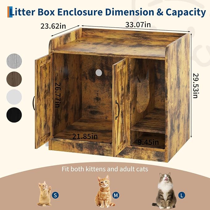 Cat Litter Box Enclosure,Hidden Litter Box Furniture with Divider,Indoor Cat House,Wooden Cat Washroom Storage Cabinet Bench, Side End Table Nightstand, 33.07" L × 23.62" W × 23.92" H,Rustic Brown
