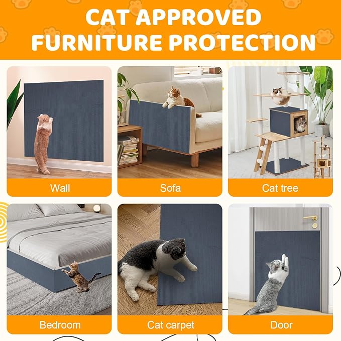 Cat Scratching Mat Self-Adhesive, 157.5'' x 15.8'' Trimmable Cat Scratch Pads Furniture Protector, DIY Climbing Cats Scratching Carpet for Couch, Door Frame or Wall Corner Protector (Light Gray)
