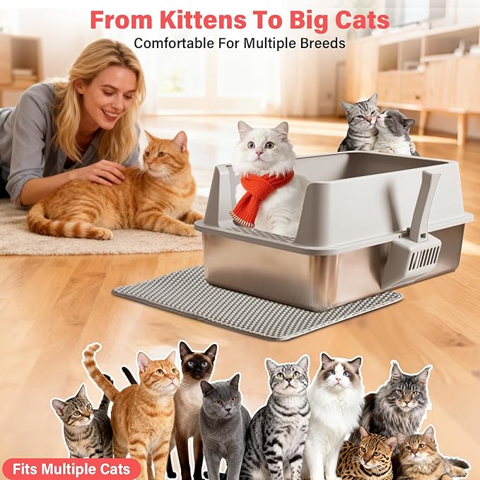 Stainless Steel Cat Litter Box, Extra Large XL Metal Litter Box with High Sides Lid, Never Absorbs Odors, Anti-Urine Leakage, Non-Sticky, Include Littter Mat & Scoop