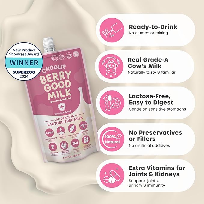 Choolip Berry Good Milk for Cats & Dogs – Lactose-Free Pet Milk Pouches – Vet-Formulated Hydrating Drink with Cranberry, CoQ10, Glucosamine & Omega-3 (200mL x 10 Pouches)