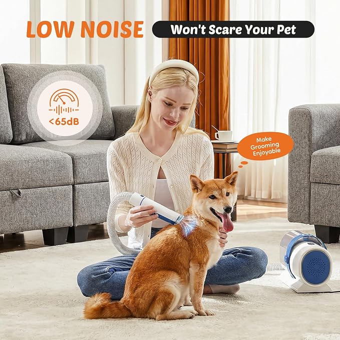 DUMOS Pet Grooming Vacuum Kit, 3 Adjustable Suction Modes Dog Clipper, 5 Professional Grooming Tools with Low Noise Cat Hair Clippers, 2.5L, Blue & White