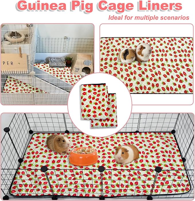 2 Pack Guinea Pig Cage Liners, 24"x 36" Washable Waterproof Bedding for Rabbit, Bunny, Hamster & Small Animals, Reusable Super Absorbent Pee Pads for C&C Cage, Strawberry Print