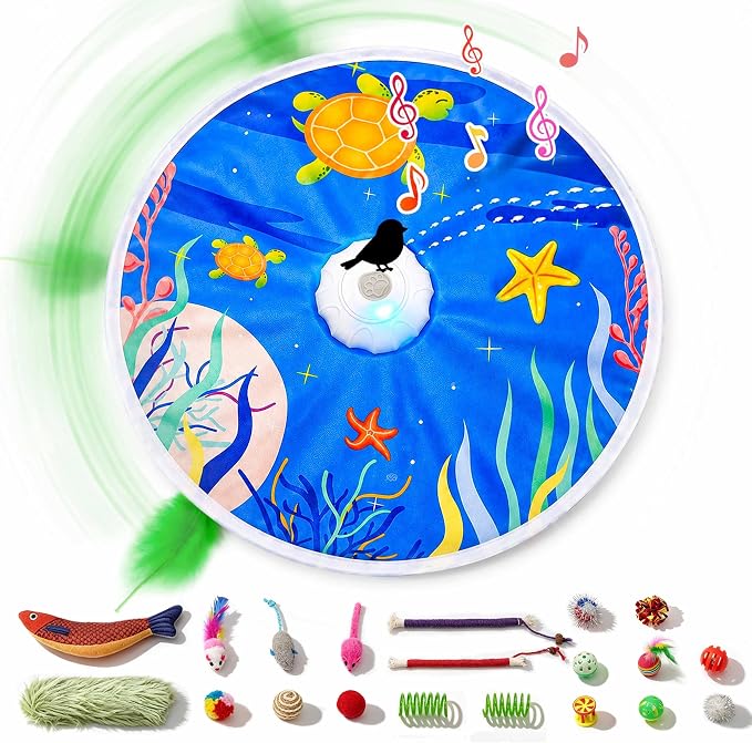 Interactive Cat Toys with 20 PCS Cat Toys, Automatic Cat Toy Touch Activated with 2 Feather Wand, Bird Chirping for Bored Indoor Kittens