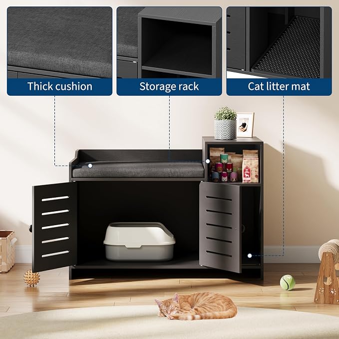 Patikuin Hidden Cat Litter Box Enclosure Cabinet with Mark Pad, Storage Shelf & Odor Control – Modern Farmhouse Indoor Cat House Furniture for Bedroom or Hallway – Black