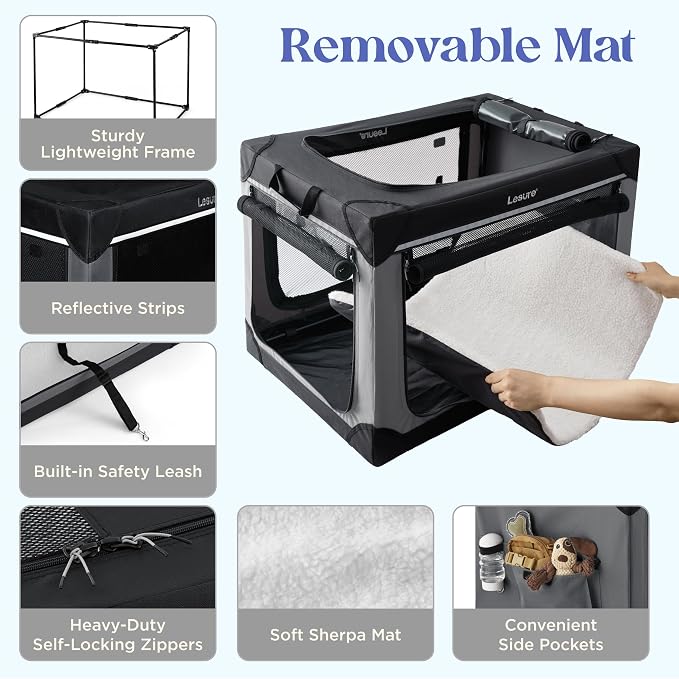 Lesure Shown on TODAY Show Soft Collapsible Dog Crate - 30 Inch Portable Travel Crate for Medium Dogs Indoor & Outdoor, 4-Door Foldable Pet Kennel with Mesh Windows, Black