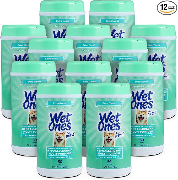 Wet Ones for Pets Hypoallergenic Multipurpose Dog Wipes with Vitamins A, C and E - Fragrance-Free All-Over Pet Grooming Wipes for Dogs in Canister, 50 Count - 12 Pack