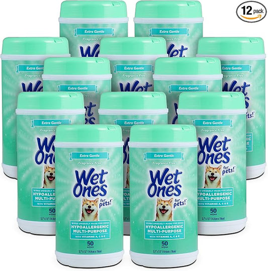 Wet Ones for Pets Hypoallergenic Multipurpose Dog Wipes with Vitamins A, C and E - Fragrance-Free All-Over Pet Grooming Wipes for Dogs in Canister, 50 Count - 12 Pack