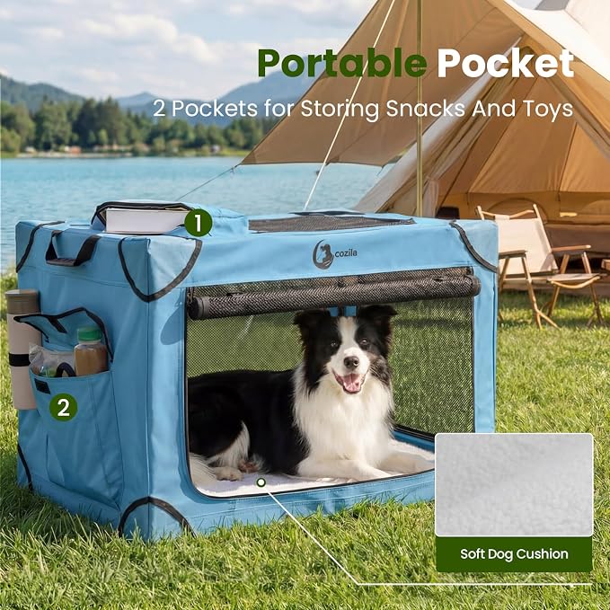 Portable Collapsible Dog Crate for Small Dogs, 4 Mesh Doors & 2 Storage Bags, Indoor Outdoor Travel Dog Kennel, Blue, 26" x 18" x 18"