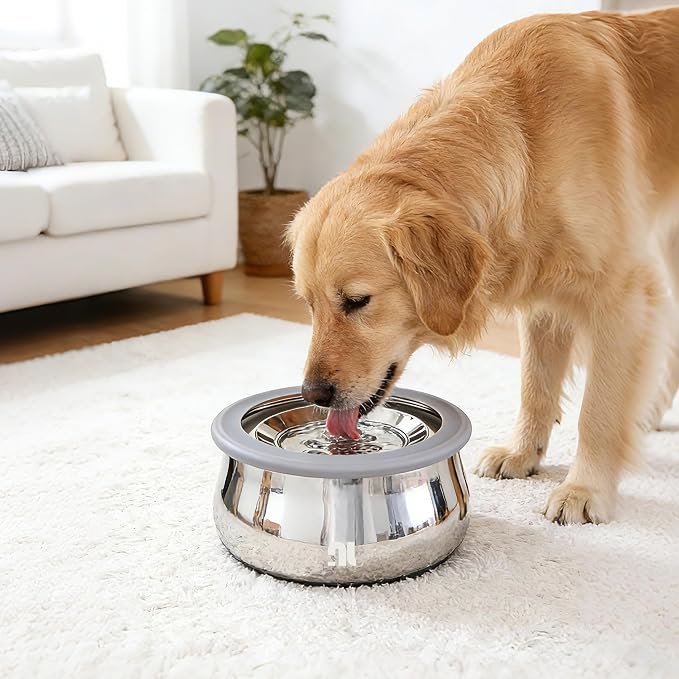 3L/0.8 Gallon No Spill Water Bowl for Dogs, Double-Wall Stainless Steel Slow Water Dog Bowls, Splash-Proof Vacuum Float, Dishwasher Safe for Large Medium Dogs