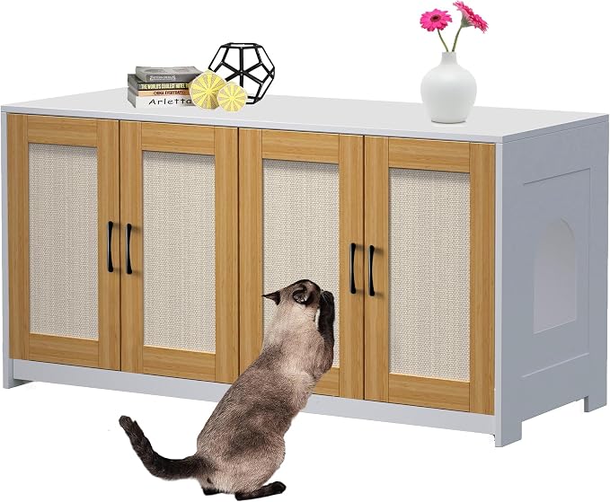 Double Room Litter Box Enclosure, 47 Inch 2 Cats Hidden Litter Box Furniture with Sisal Doors and Sliding Bottom Drawers, Wood Indoor Cat Cabinet TV Stand White