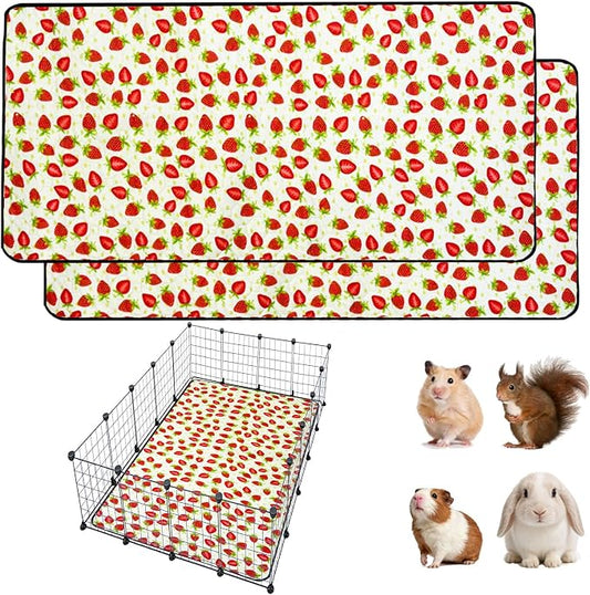 2 Pack Guinea Pig Cage Liners, 48"x 60" Washable Waterproof Bedding for Rabbit, Bunny, Hamster & Small Animals, Reusable Super Absorbent Pee Pads for C&C Cage, Strawberry Print