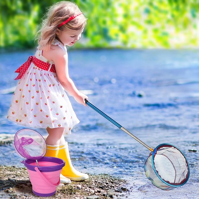 2 Pack Telescopic Kids Fishing Net with Handle, 2 Collapsible Bucket Sand Pail, Stainless Steel Foldable Fishing Net Small Fishing Butterfly Bug Net Beach Shovel with Storage Bag