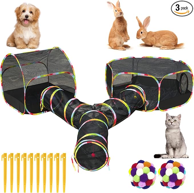 Outdoor Cat Enclosure, 3-in-1 Portable Pop Up Cat Mesh Tent with Tunnel for Cat Run, Easy Set Up and Foldable Catio Playground for Indoor Cats, Rabbits & Small Animals, Includes Storage Bag