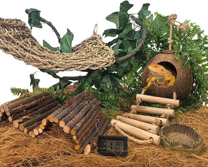 TEICCI Bearded Dragon Tank Accessories Set,10-Piece Kit Leopard Gecko Tank Accessories with Bearded Dragon Hammock, Large Reptile Bridge Hammock,Decor Suitable for Lizards, Geckos, and Chameleons