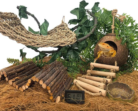 TEICCI Bearded Dragon Tank Accessories Set,10-Piece Kit Leopard Gecko Tank Accessories with Bearded Dragon Hammock, Large Reptile Bridge Hammock,Decor Suitable for Lizards, Geckos, and Chameleons