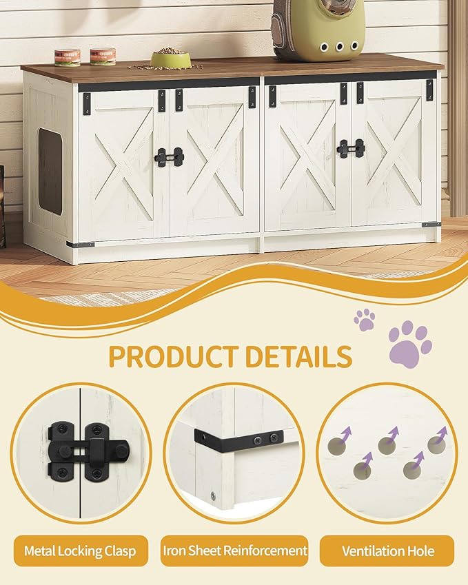 Hzuaneri Cat Litter Box Enclosure for 2 Cats, Hidden Litter Box Furniture Cabinet with Double Room, Indoor Cat House, Farmhouse Style, 46.7 x 18.9 x 21.1 Inches, Rustic Brown and White CB85314X