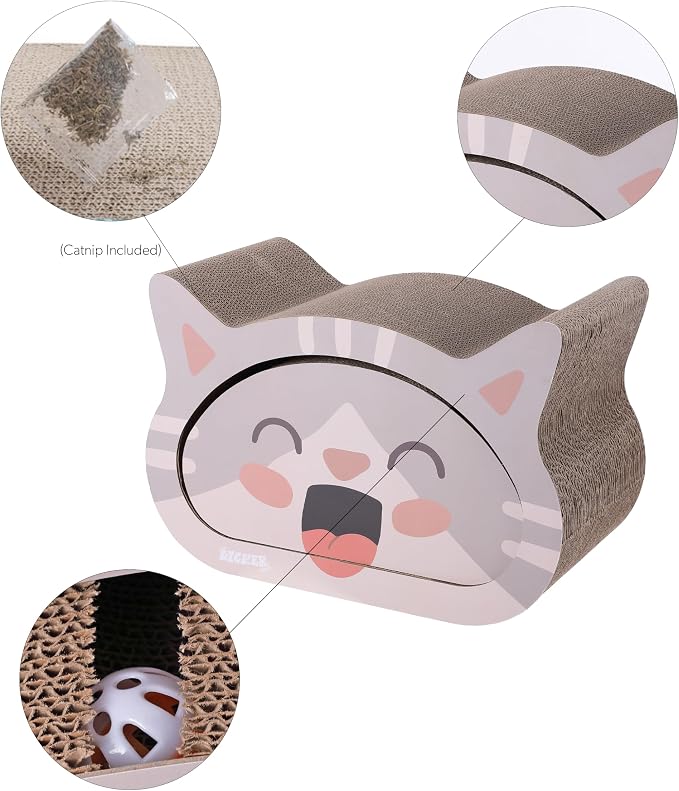 CSR1000A Opal 19" Modern Cardboard Happy Cat Head 2-in-1 Cat Cave Scratcher with Built-in Bell Toys and Catnip, Muted Pink/Cream