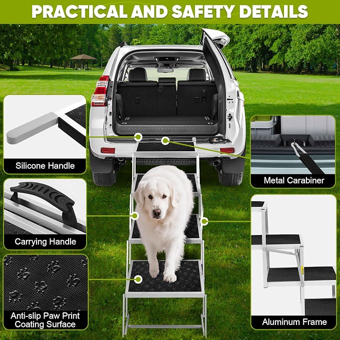 Dog Stairs for Car,Extra Wide Dog Stairs for Large Dogs,Foldable Dog Ramp for Car, Pet Steps Light Weight Aluminum,High Beds,for SUV Trucks, Supports up to 200 lbs (for The Trunk of The Car Only)