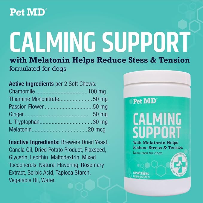 Pet MD Calming Chews for Dogs – Supports Relaxation & Calm Behavior – with Melatonin, Ginger & Chamomile – for Stressful Situations Like Travel, Thunder & Vet Visits – 60 Ct