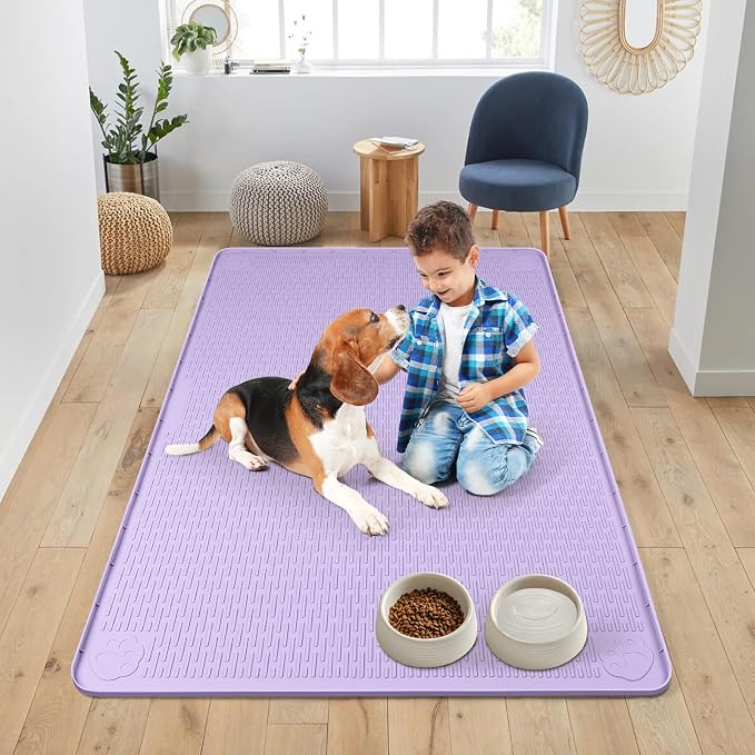 Dog Food Mat, Extra Large 50" x 35" Silicone Pet Feeding Mat with Raised Edge Pet Placemat for Small, Medium, and Large Pets Non-Slip, Easy to Clean (Purple)
