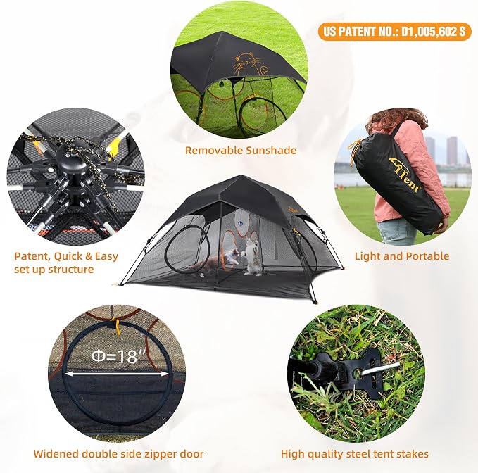 Tent Pop Up Cat Tent, Portable Lightweight Cat Playpen with 3 Holes, Indoor Outdoor Pet Enclosure w/Carry Bag, Foldable Interactive Cat Play House for Cats Kittens（Patented