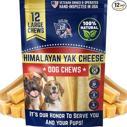 Devil Dog Pet Co. Himalayan Yak Cheese Dog Chews for Medium to Large Breeds & Aggressive Chewers - Long Lasting, Rawhide Free, High Protein - Cleaner Teeth, Anxiety & Boredom Relief - 12 Pack