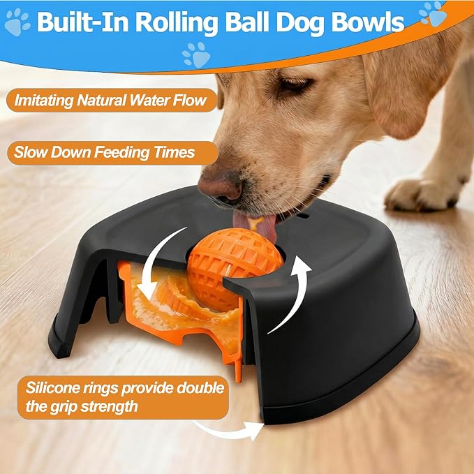 Slow Feeder Dog Bowl for Liquid Treats – Dog Lick Bowl with Rolling Ball, Anti-Slip Dog Enrichment Toy for Bone Broth and Yogurt, Calming Mental Stimulation for Small Medium Breeds,Black