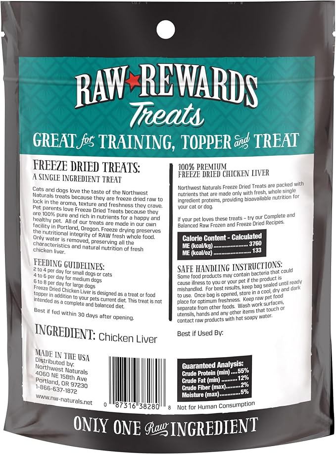 Northwest Naturals Raw Rewards Freeze-Dried Chicken Liver Treats for Dogs and Cats - Bite-Sized Pieces - Healthy, 1 Ingredient, Human Grade Pet Food, Natural, Proudly Made in USA, 3 Oz (Pack of 3)