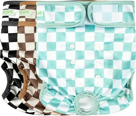 wegreeco Washable Female Dog Diapers Highly Absorbent Reusable Diapers for Dog in Heat Period Diapers, 3 Pack (Checkerboard Green, Black, Coffee, Large)